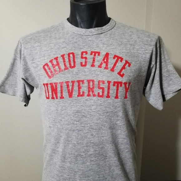 Vintage Champion Ohio State Tee Shirt L 70s Gray 65 35 Rayon Blend Blue Bar Tee - Picture 8 of 11
